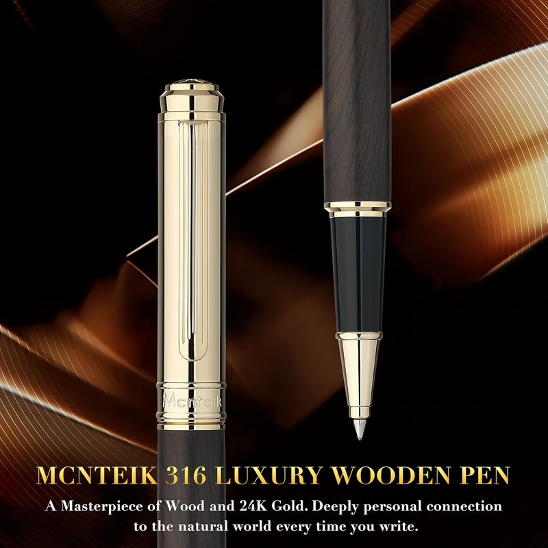 MCNTEIK 316 Luxury Journaling Pen, Nice Natural Wood for Writing, 24K Gold Accents, Schmidt refill, Fancy Rollerball, Wooden Gift Set for Men & Women, Executive & Graduation Work Christmas Pens-Blackwood - Image 3